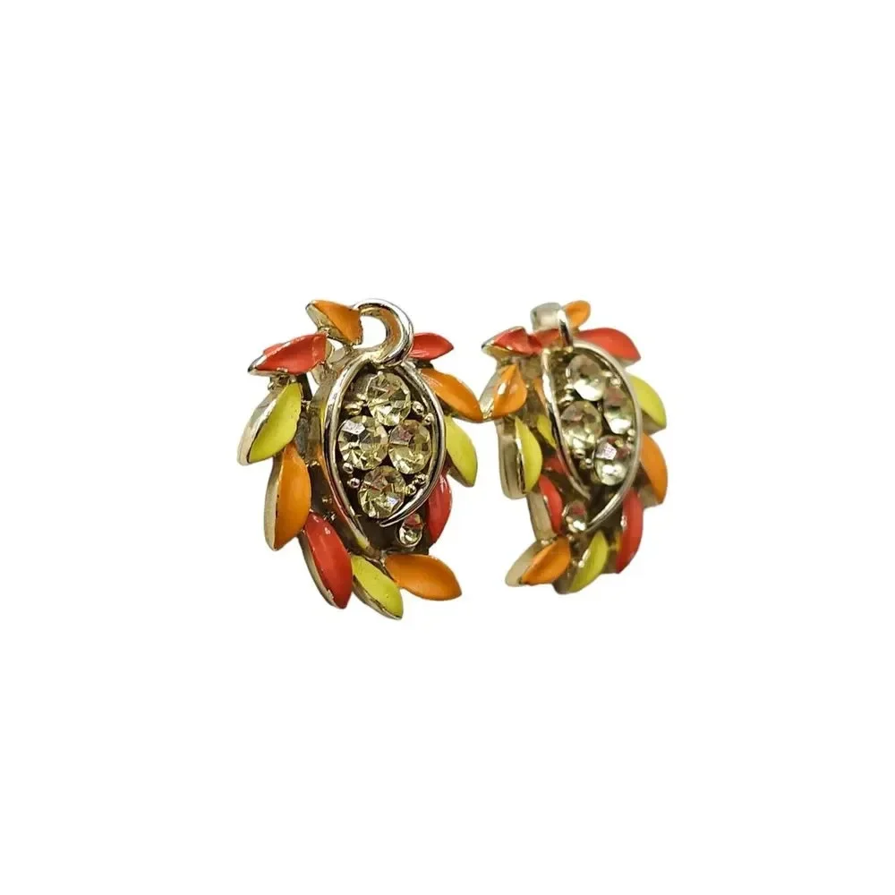 Orange Yellow Enamel Yellow Rhinestone Leaf Clip-On Earrings Gold Tone Vintage